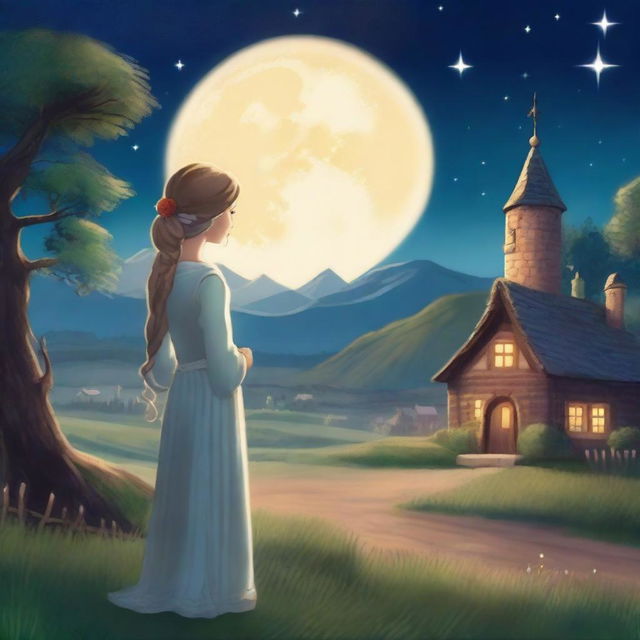 A young artist man from a village gazing at a beautiful moon princess