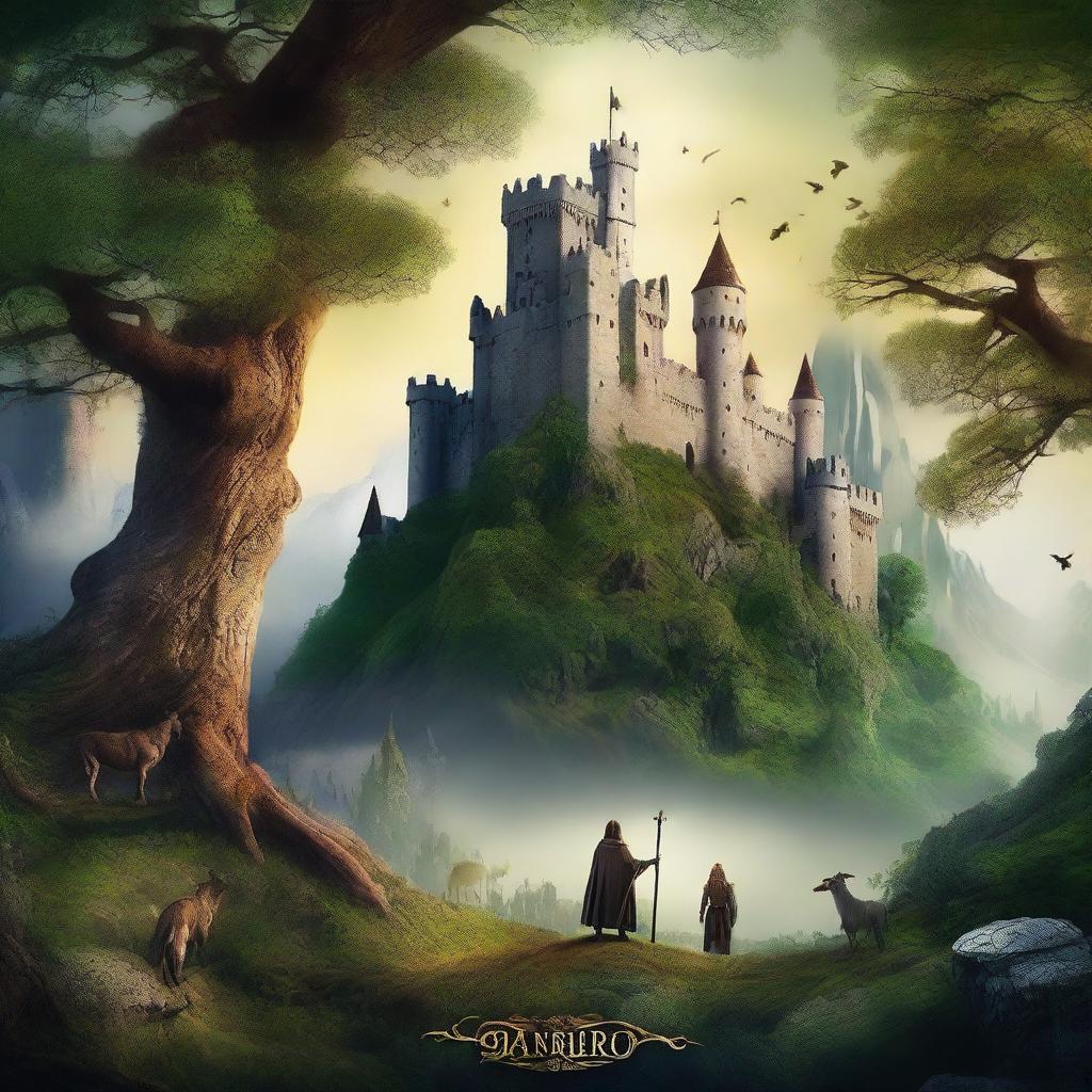 Design a fantasy TV series poster featuring a mystical landscape with enchanted forests, majestic castles, and mythical creatures