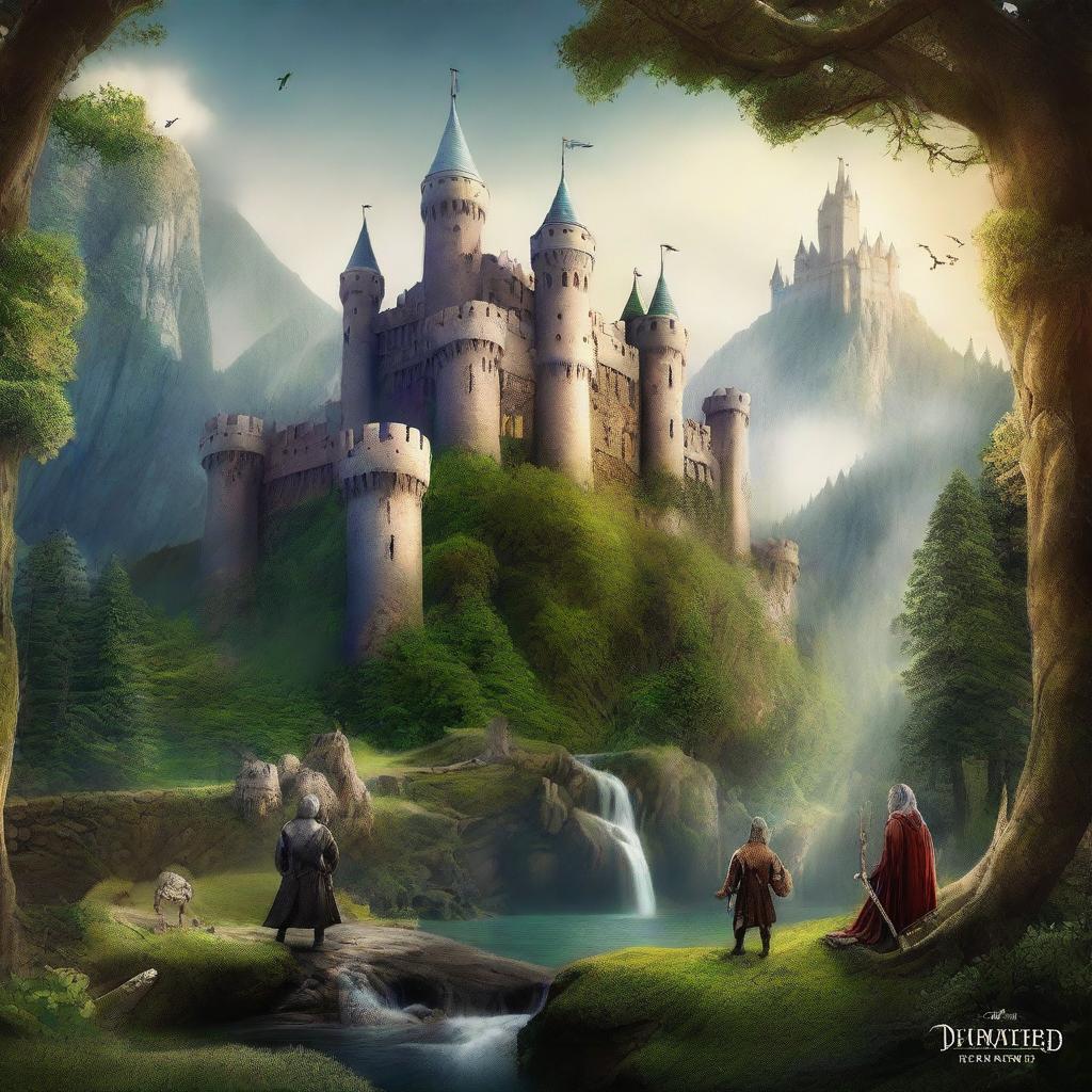 Design a fantasy TV series poster featuring a mystical landscape with enchanted forests, majestic castles, and mythical creatures