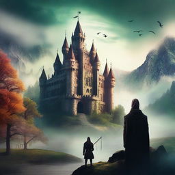 Design a fantasy TV series poster featuring a mystical landscape with enchanted forests, majestic castles, and mythical creatures