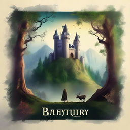 Design a fantasy TV series poster featuring a mystical landscape with enchanted forests, majestic castles, and mythical creatures