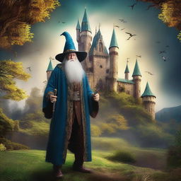 Create a fantasy TV series poster set in the 1800s featuring a wizard standing in front of a majestic castle