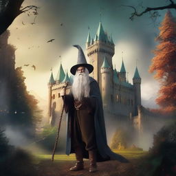 Create a fantasy TV series poster set in the 1800s featuring a wizard standing in front of a majestic castle