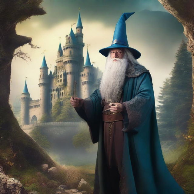 Create a fantasy TV series poster set in the 1800s featuring a wizard standing in front of a majestic castle