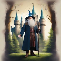 Create a fantasy TV series poster set in the 1800s featuring a wizard standing in front of a majestic castle