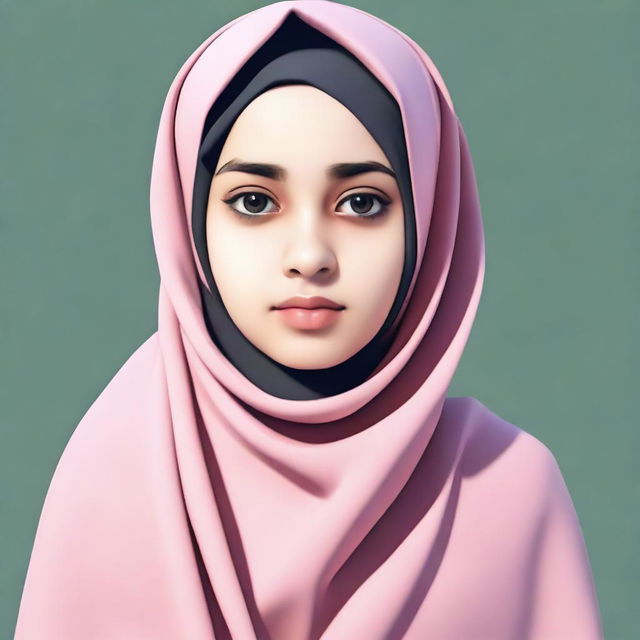 A young girl wearing a hijab, depicted with prominent physical features such as large breasts and wide hips