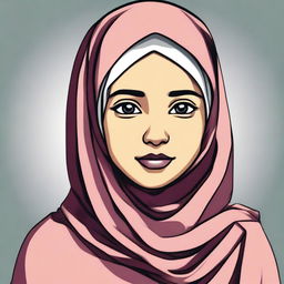 A young girl wearing a hijab, depicted with prominent physical features such as large breasts and wide hips