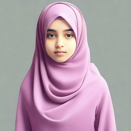 A young girl wearing a hijab, depicted with prominent physical features such as large breasts and wide hips