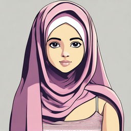 A young girl wearing a hijab, depicted with prominent physical features such as large breasts and wide hips