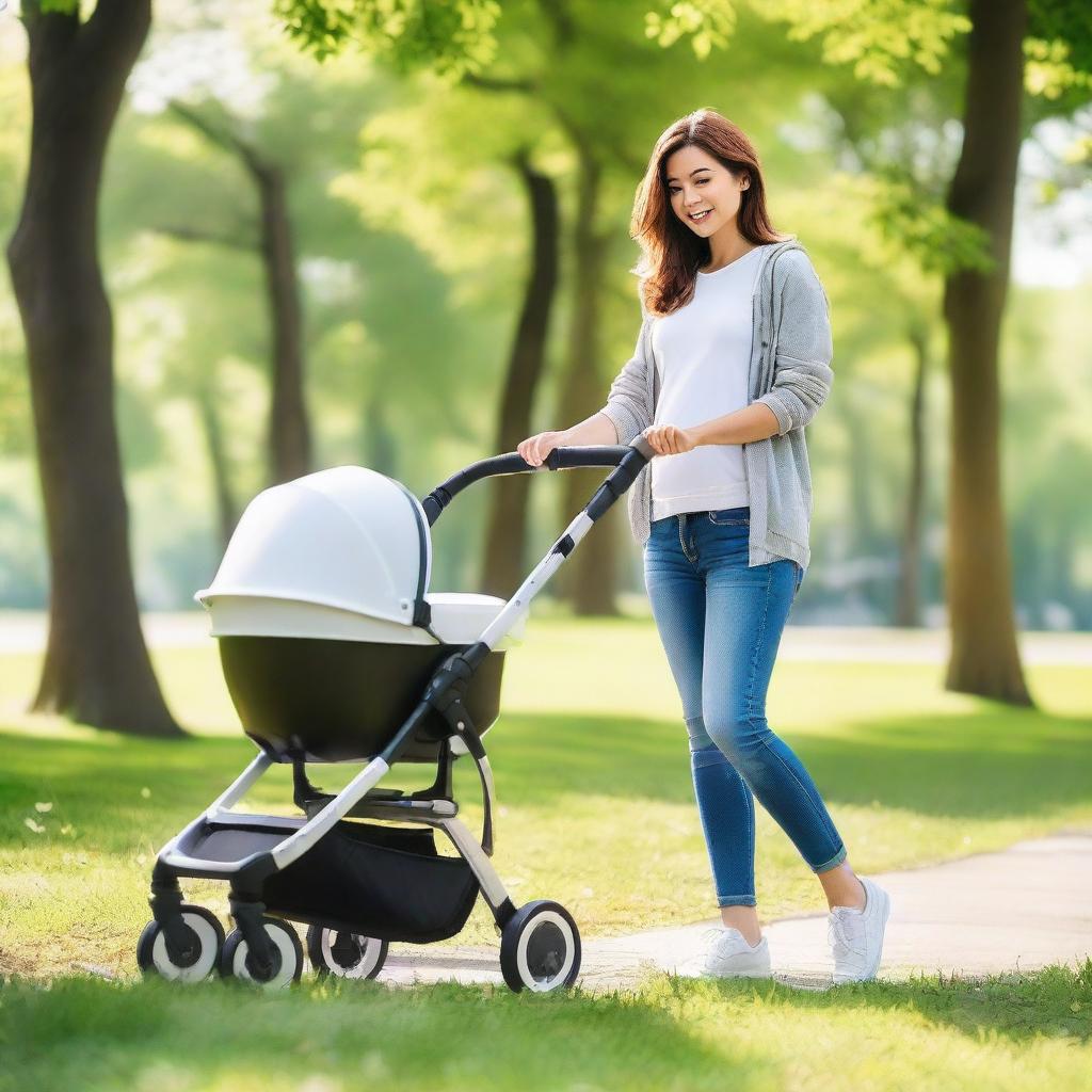 A woman pushing a baby stroller with an egg inside