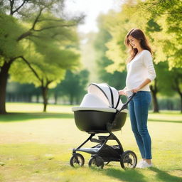 A woman pushing a baby stroller with an egg inside