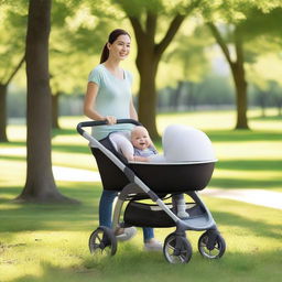 A woman pushing a baby stroller with an egg inside