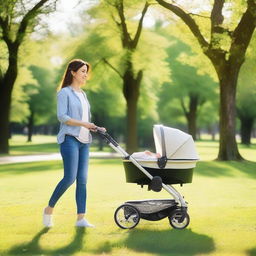 A woman pushing a baby stroller with an egg inside