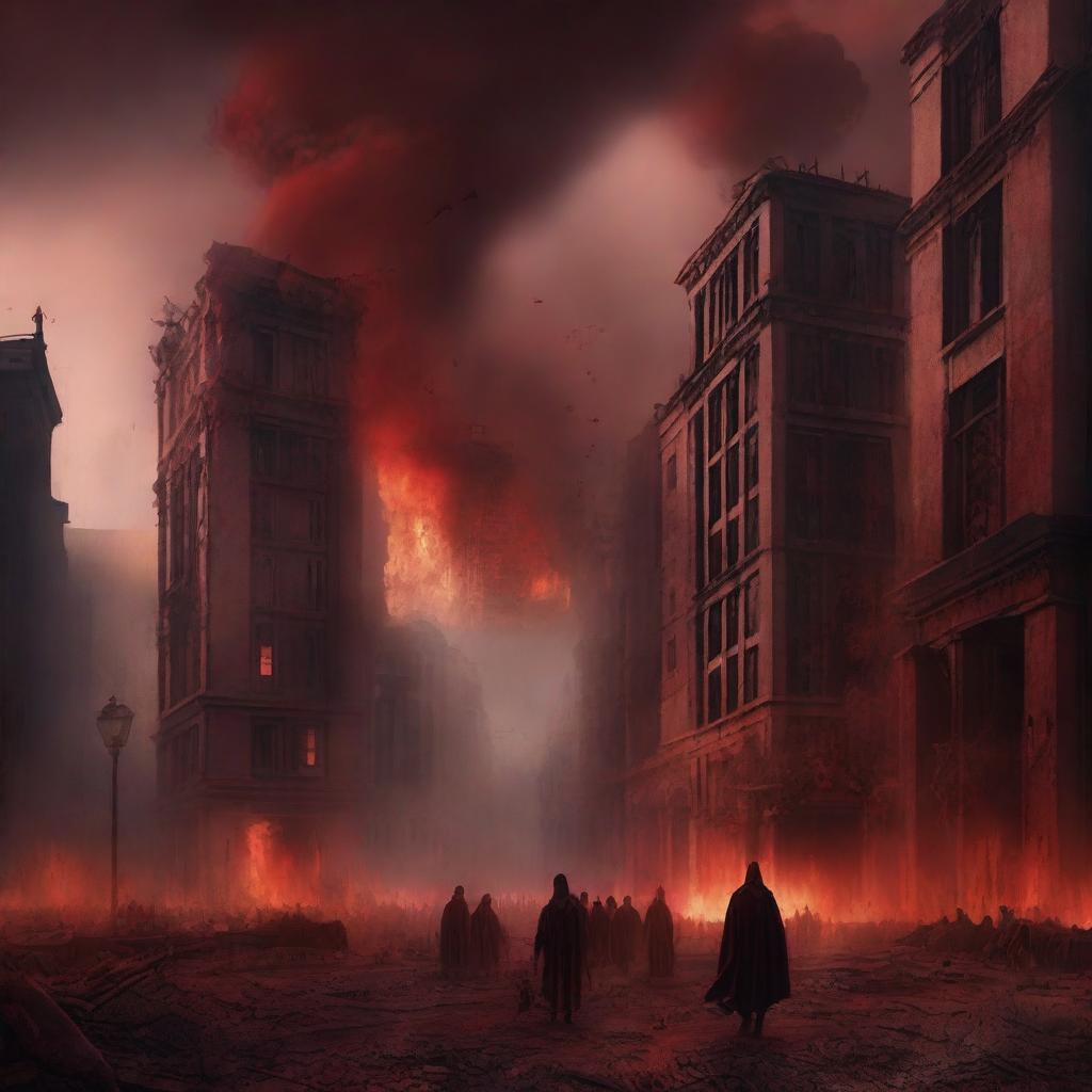 A surreal depiction of a dystopian cityscape where hell seems to have taken over on Earth