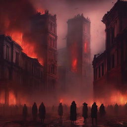 A surreal depiction of a dystopian cityscape where hell seems to have taken over on Earth