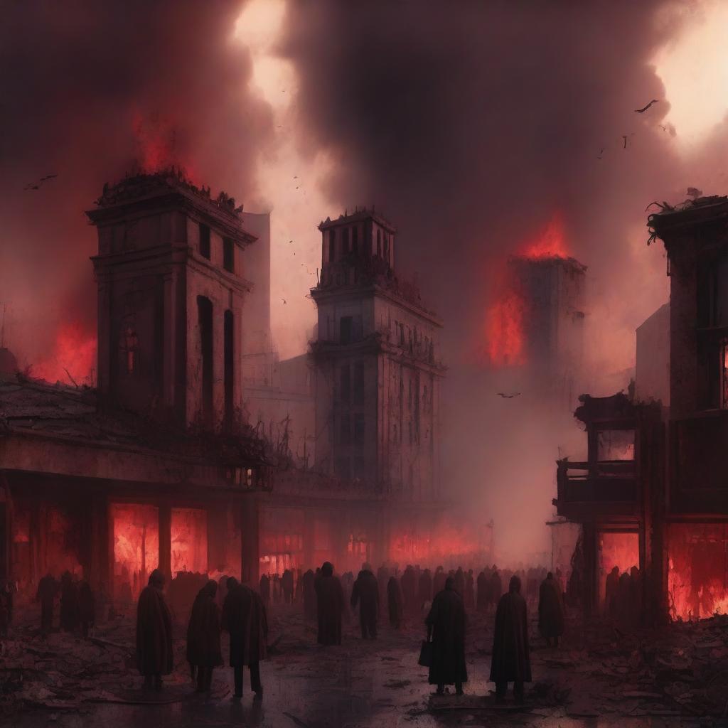 A surreal depiction of a dystopian cityscape where hell seems to have taken over on Earth