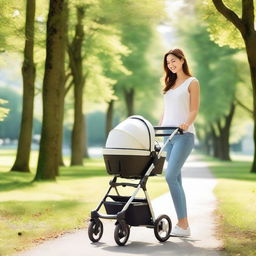 A woman pushing a baby stroller with an egg inside