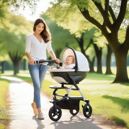 A woman pushing a baby stroller with an egg inside