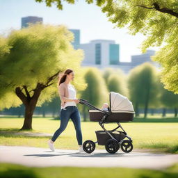 A woman pushing a baby stroller with an egg inside