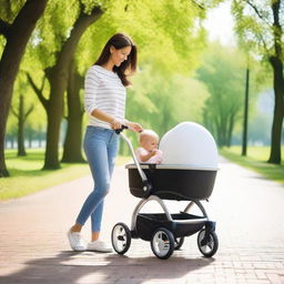 A woman pushing a baby stroller with an egg inside