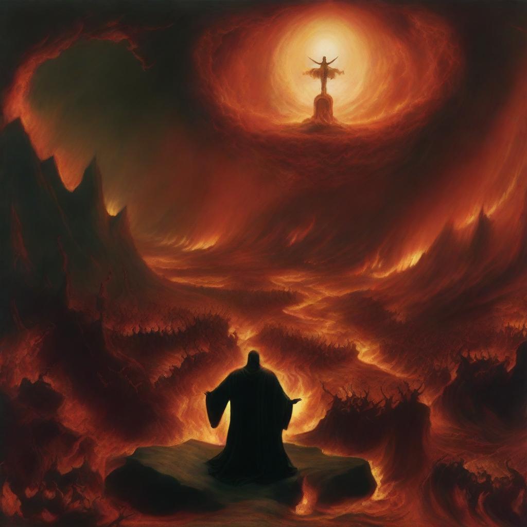 A dramatic depiction of the concept of hell, with fiery landscapes and tormented souls, contrasted with a serene, heavenly image of Earth as envisioned in Christian theology