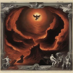 A dramatic depiction of the concept of hell, with fiery landscapes and tormented souls, contrasted with a serene, heavenly image of Earth as envisioned in Christian theology