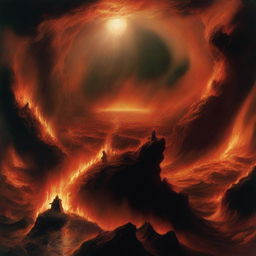 A dramatic depiction of the concept of hell, with fiery landscapes and tormented souls, contrasted with a serene, heavenly image of Earth as envisioned in Christian theology