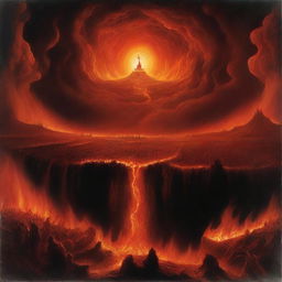 A dramatic depiction of the concept of hell, with fiery landscapes and tormented souls, contrasted with a serene, heavenly image of Earth as envisioned in Christian theology