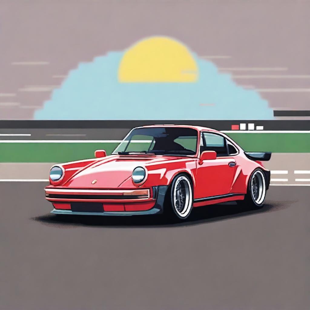 Create a 16-bit image of a 1989 Porsche 930 Slantnose parked in front of a racetrack with a checkered flag waving in the background