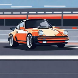 Create a 16-bit image of a 1989 Porsche 930 Slantnose parked in front of a racetrack with a checkered flag waving in the background