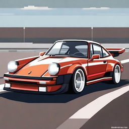 Create a 16-bit image of a 1989 Porsche 930 Slantnose parked in front of a racetrack with a checkered flag waving in the background