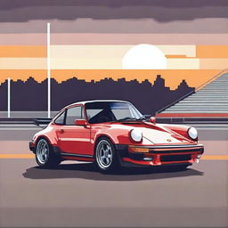 Create a 16-bit image of a 1989 Porsche 930 Slantnose parked in front of a racetrack with a checkered flag waving in the background