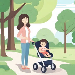 A woman is pushing a baby stroller, but instead of a baby, the stroller contains a book, a bottle of wine, and some money