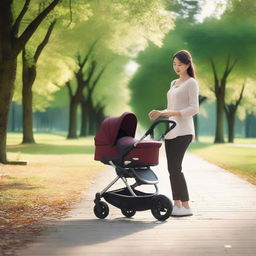 A woman is pushing a baby stroller, but instead of a baby, the stroller contains a book, a bottle of wine, and some money