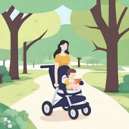 A woman is pushing a baby stroller, but instead of a baby, the stroller contains a book, a bottle of wine, and some money