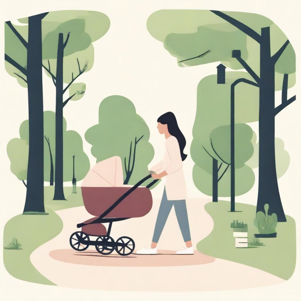 A woman is pushing a baby stroller, but instead of a baby, the stroller contains a book, a bottle of wine, and some money