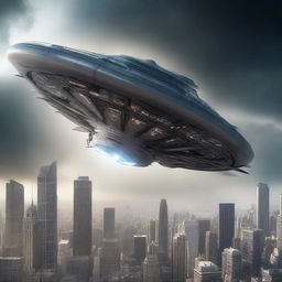 A highly detailed, cinematic art of an alien spaceship landing on Earth