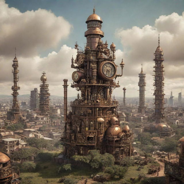 A reimagination of Kenya as a steampunk wonderland, featuring Nairobi's skyline adorned with cogwork towers, vast savannas dotted with steam-powered robots, and wild animals with mechanical enhancements.