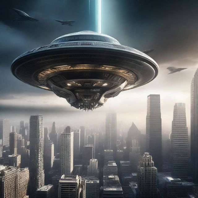 A highly detailed, cinematic art of an alien spaceship landing on Earth