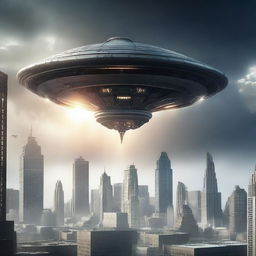 A highly detailed, cinematic art of an alien spaceship landing on Earth