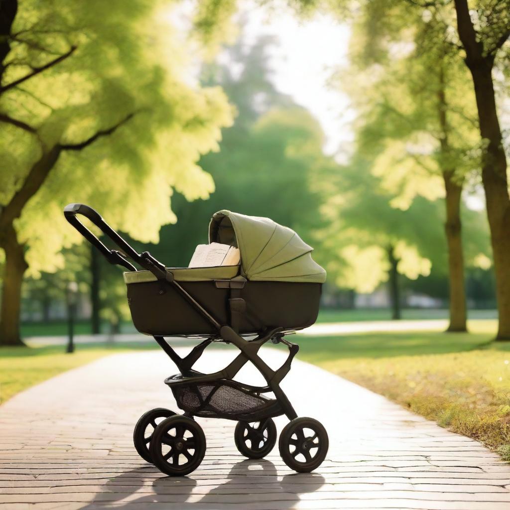 A baby stroller filled with wine bottles and books