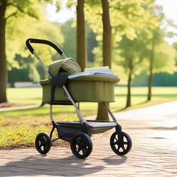 A baby stroller filled with wine bottles and books