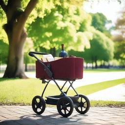 A baby stroller filled with wine bottles and books