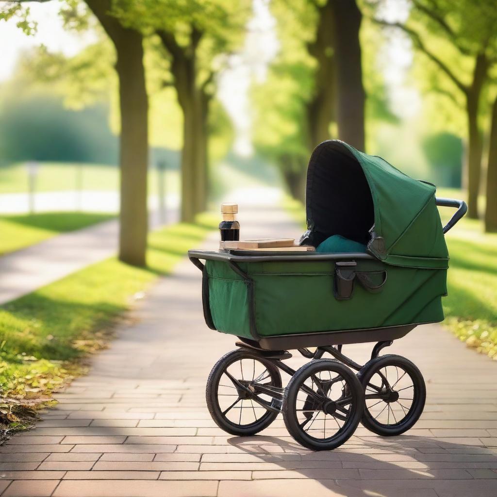 A baby stroller filled with wine bottles and books