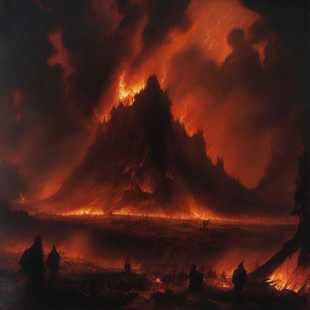 A dramatic and surreal depiction of hell on Earth, with fiery landscapes, dark skies, and chaotic scenes of destruction