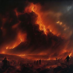 A dramatic and surreal depiction of hell on Earth, with fiery landscapes, dark skies, and chaotic scenes of destruction