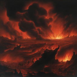 A dramatic and surreal depiction of hell on Earth, with fiery landscapes, dark skies, and chaotic scenes of destruction