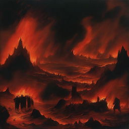 A dramatic and surreal depiction of hell on Earth, with fiery landscapes, dark skies, and chaotic scenes of destruction