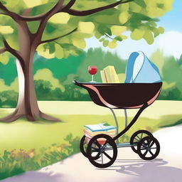 A baby stroller filled with a bottle of wine and several books