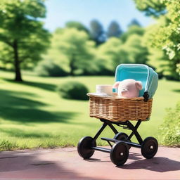 A baby stroller filled with a bottle of wine and several books